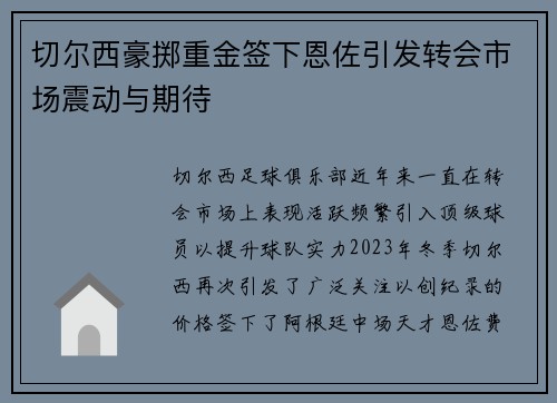 切尔西豪掷重金签下恩佐引发转会市场震动与期待