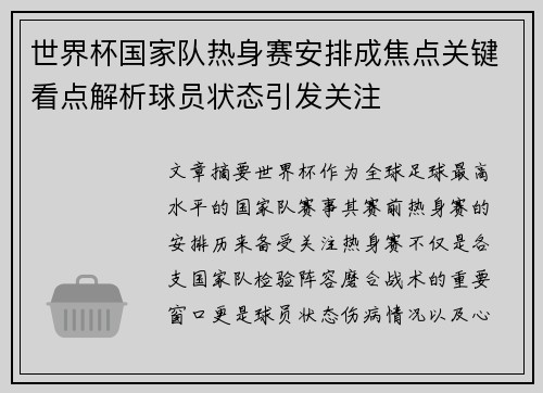 世界杯国家队热身赛安排成焦点关键看点解析球员状态引发关注